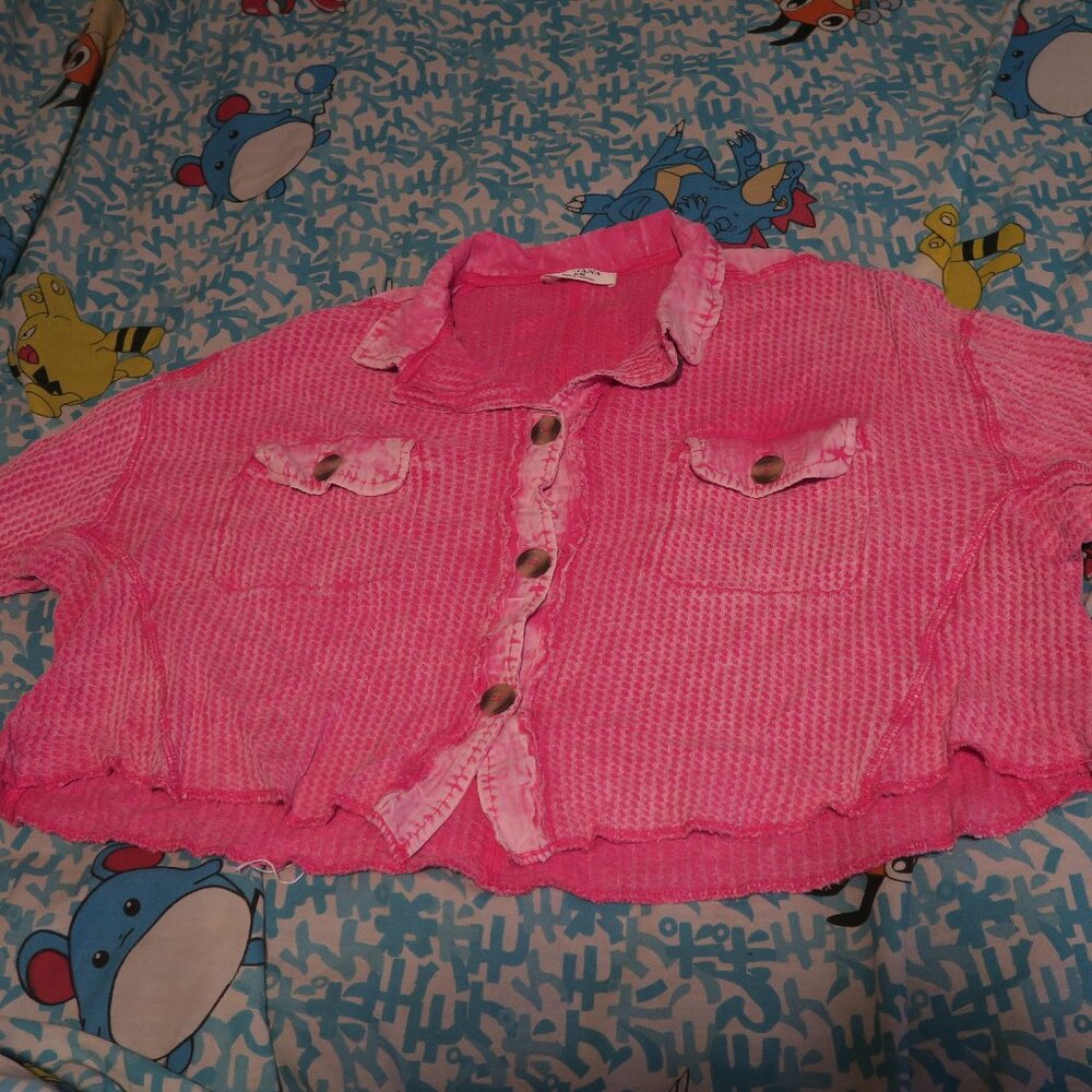Zenana Womens Waffle Shirt Crop Top Hot Pink Acid Wash Sheer Size S/M Oversized